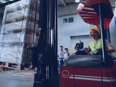Cariste au volant d'un chariot automoteur en entrepôt, équipement mobile et de levage soumis à la campagne de contrôle 2026 de l'Inspection du travail.