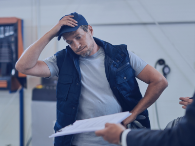 Un salarié semble préoccupé lors d’un échange professionnel, une situation qui illustre les risques psychosociaux au travail comme le stress, la fatigue et la pression organisationnelle.