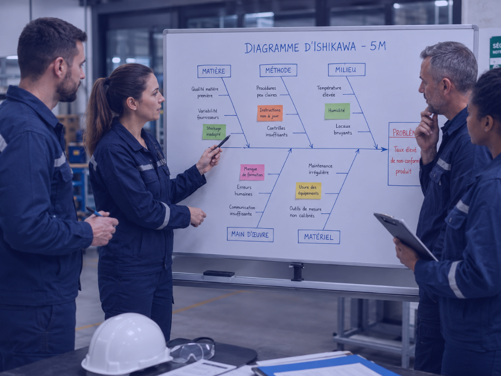 Équipe QHSE analysant un diagramme d’Ishikawa 5M pour identifier les causes profondes d’un problème qualité ou sécurité.