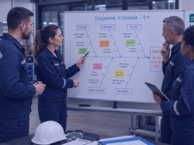 Équipe QHSE analysant un diagramme d’Ishikawa 5M pour identifier les causes profondes d’un problème qualité ou sécurité.
