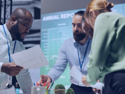Équipe QHSE et direction analysant le retour sur investissement d’un logiciel QHSE à partir d’indicateurs de performance